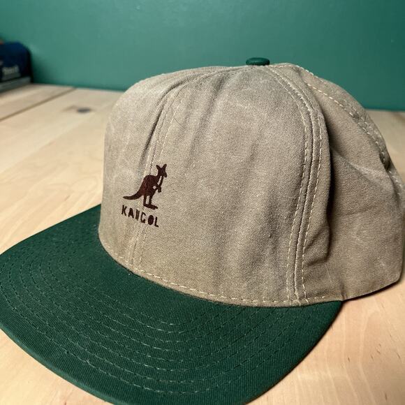 Vintage Kangol Made in USA Green Brim Brown Canvas Adjustable Hat 90s Y2K Cap - Picture 2 of 7